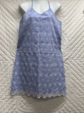Embroidered Light Blue Mini Dress with Scalloped Hem